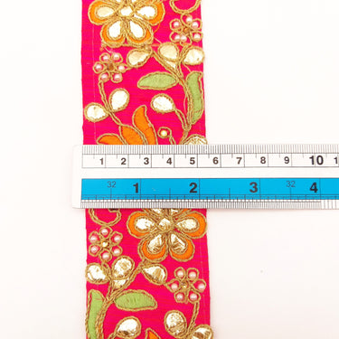 Dark Pink Fabric Trim In Green, Orange & Gold Floral Embroidery, Beaded Gota Patti